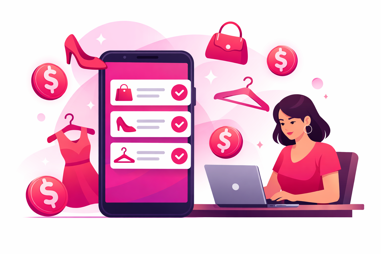 A fashion creator reviewing brand deal notifications on a smartphone with floating fashion items and dollar signs