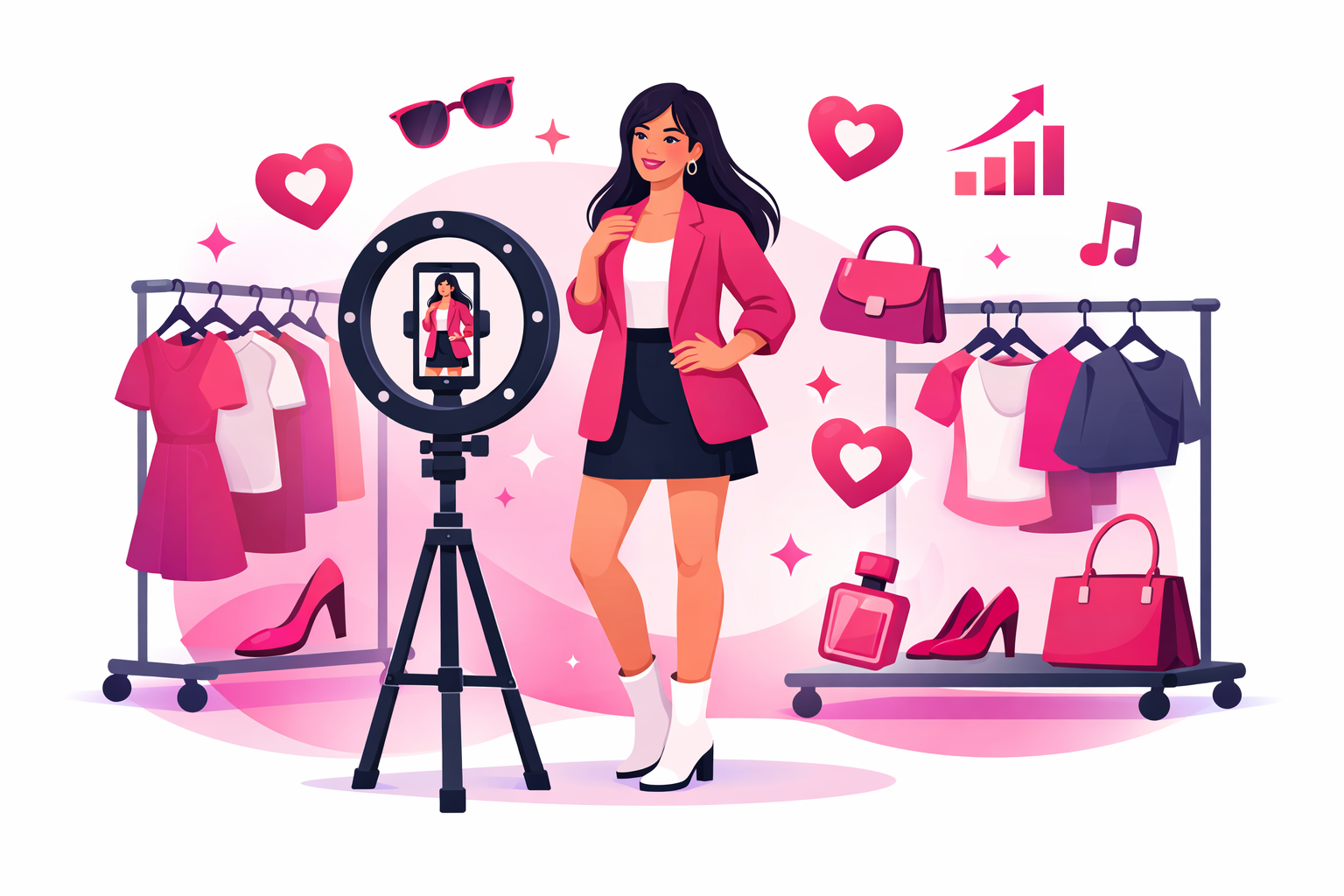 A fashion creator filming an outfit-of-the-day video with a ring light and smartphone, surrounded by clothing racks and floating TikTok icons