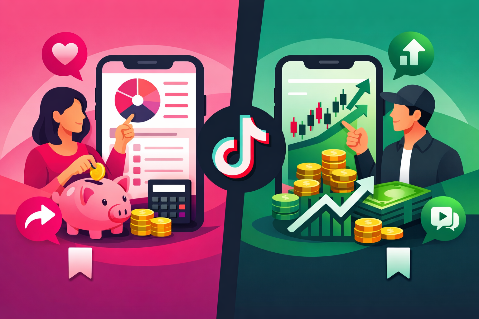 Split screen showing two types of finance content on TikTok: a budgeting tutorial on one side and an investing explainer on the other, surrounded by save and share icons