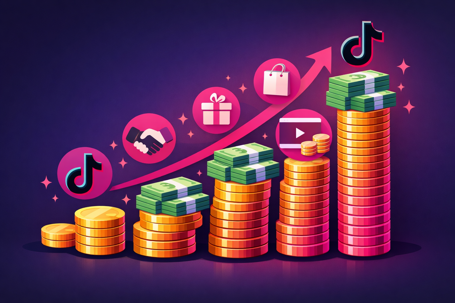 Illustration of a finance creator's growth journey shown as an ascending chart with follower milestones, surrounded by brand partnership and monetization icons