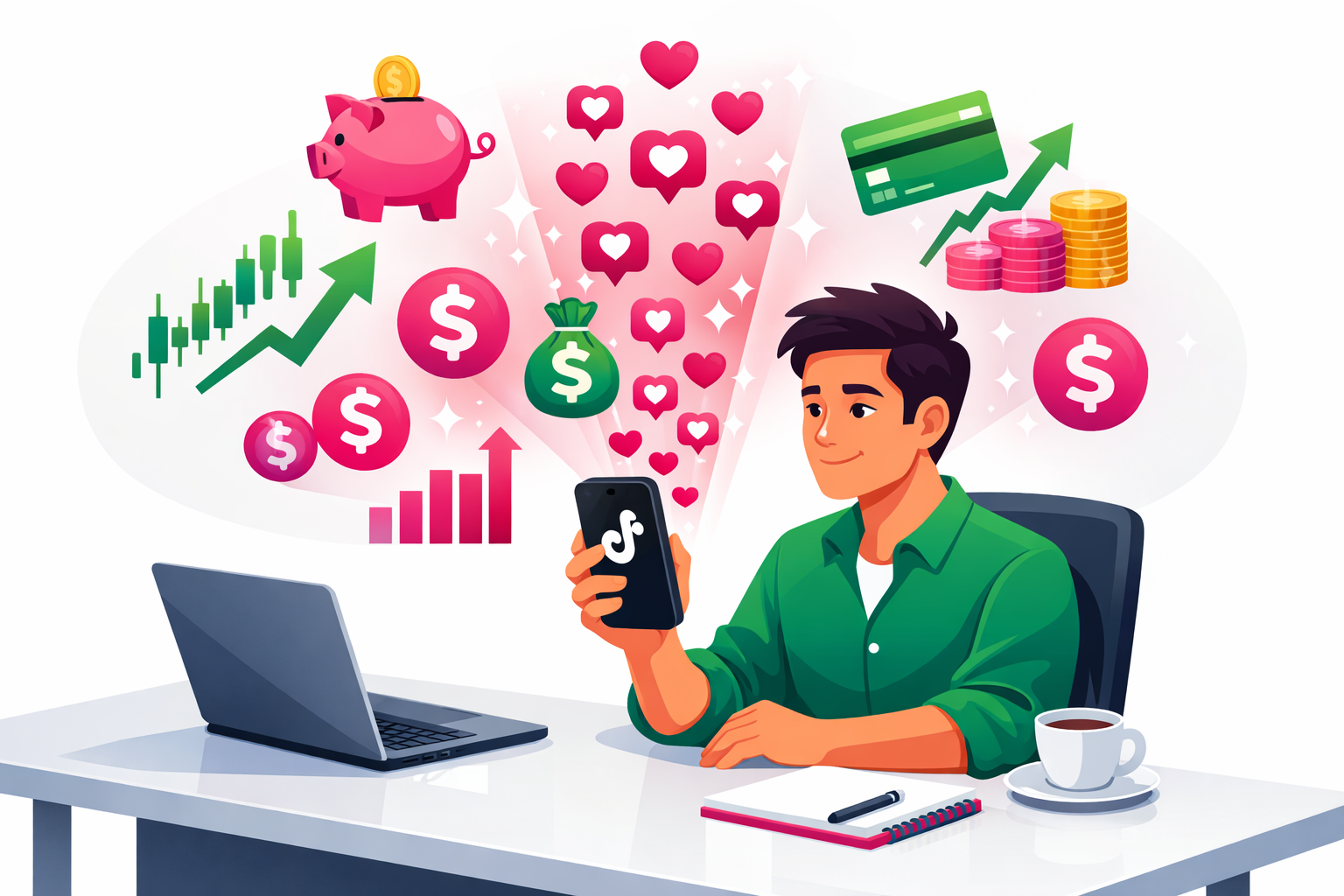 A finance creator at a desk with a smartphone and laptop, surrounded by floating icons of dollar signs, stock charts, piggy banks, and TikTok engagement hearts
