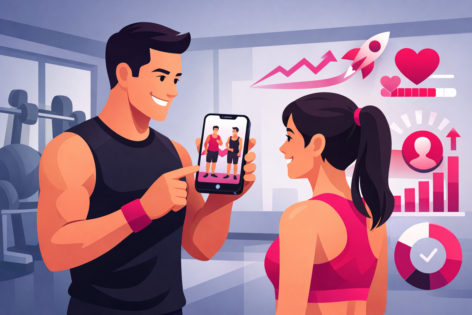 Personal trainer showing client transformation results on smartphone