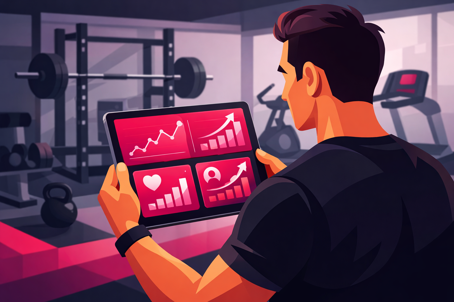Gym owner analyzing TikTok analytics on tablet showing engagement metrics