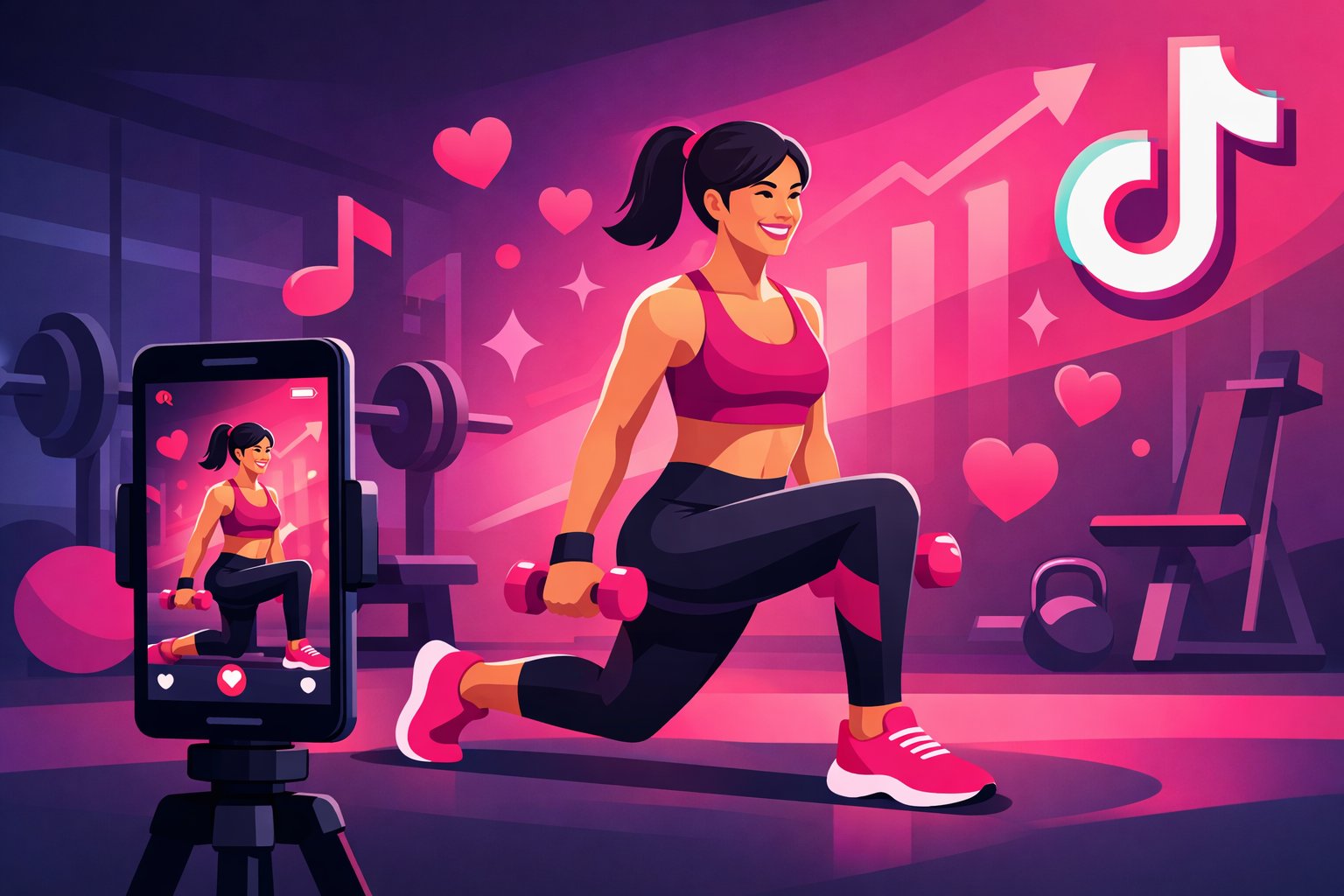 Fitness creator filming workout video for TikTok in modern gym setting