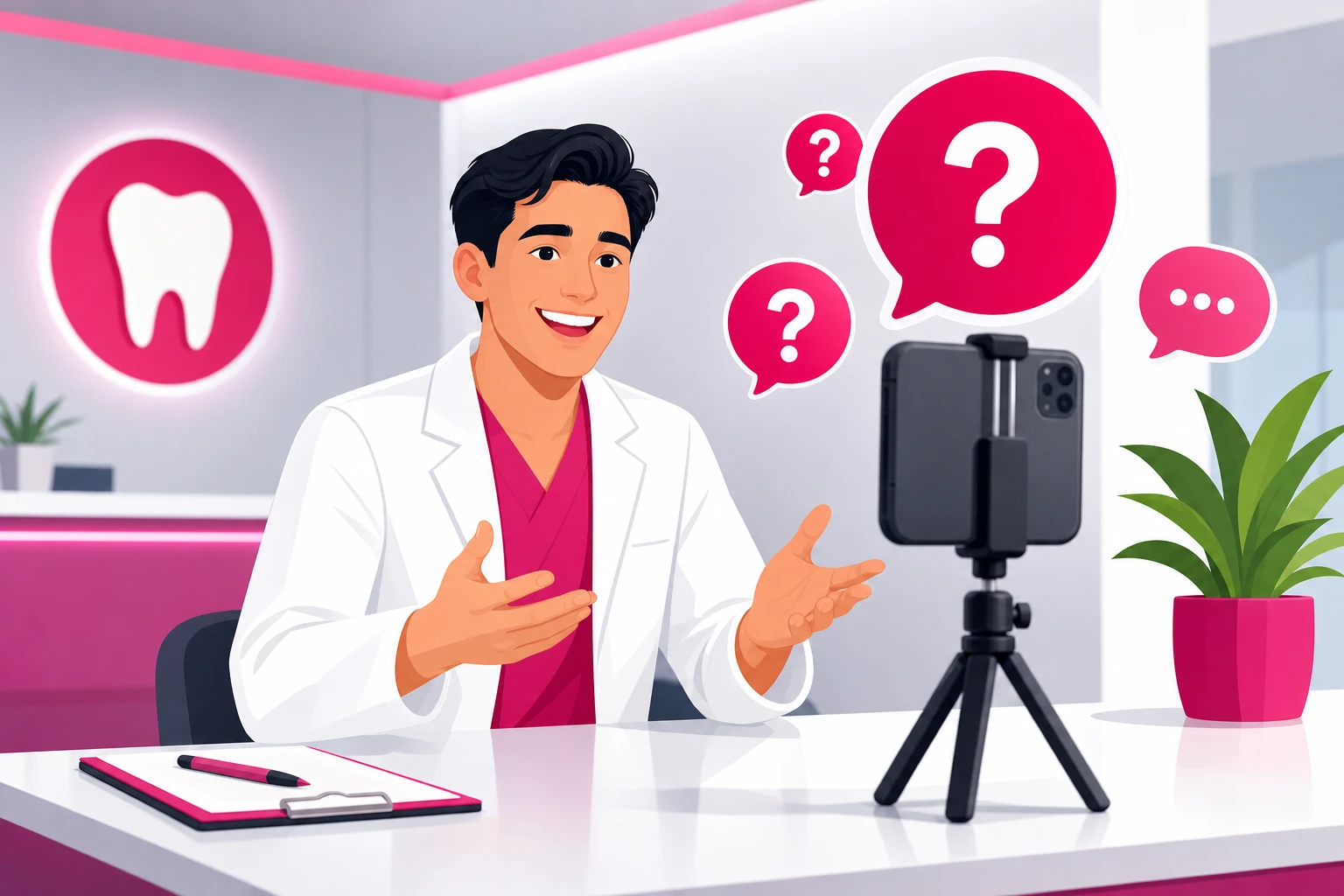 An illustration of a smiling dentist in a white coat at a bright clinic front desk speaking to a smartphone on a small tripod, with large question mark and chat bubble icons floating around the phone