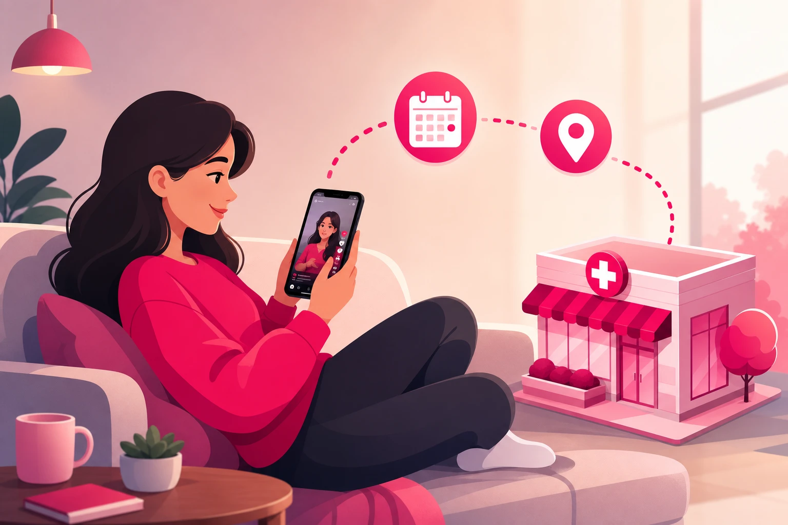 An illustration of a woman relaxing on a sofa watching a healthcare video on her smartphone, with a floating appointment calendar icon and location pin connected by a dotted line to a small friendly clinic storefront