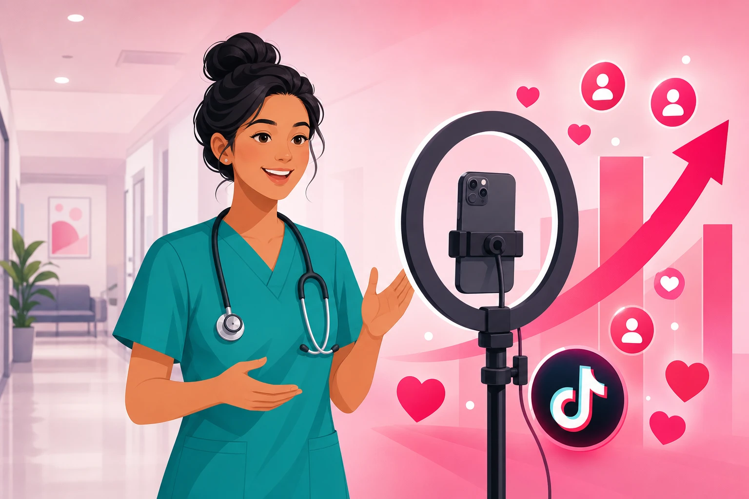 A friendly healthcare provider in teal scrubs with a stethoscope recording a short vertical video on a smartphone mounted in a ring light in a bright clinic hallway, with hearts, follower icons, and rising growth arrows floating beside the phone