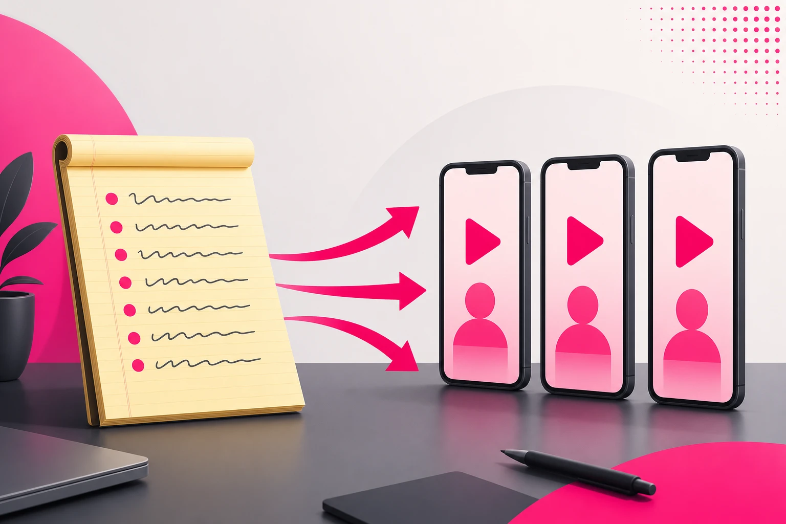 A yellow legal pad covered in handwritten client questions with arrows flowing into three vertical phone screens, illustrating how a consult question log becomes a week of TikTok videos