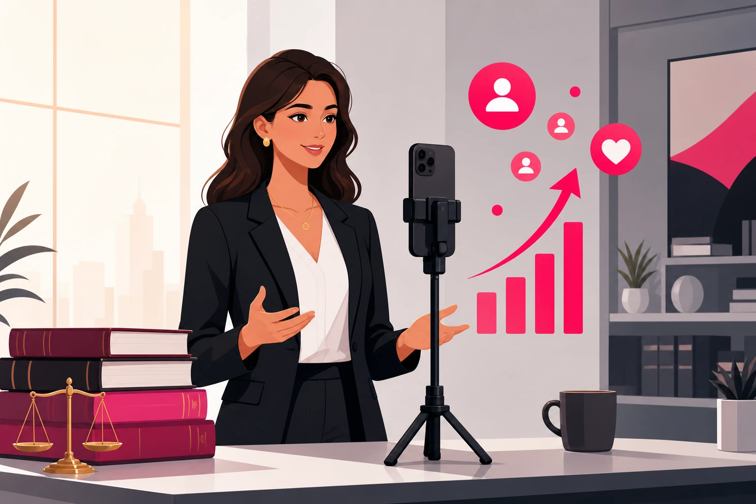 An attorney in a tailored blazer recording a short vertical video on a smartphone mounted on a tripod in a bright modern law office, with law books and a scales-of-justice statuette on the desk and rising follower icons floating beside the phone