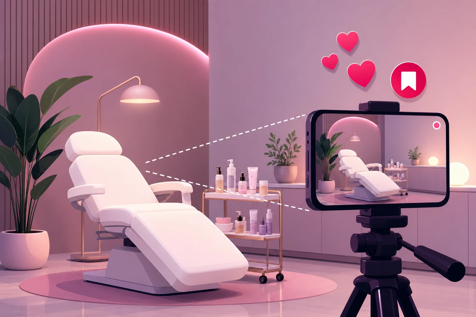 An illustration of a smartphone on a tripod filming an empty med spa treatment room with a white recliner chair, a cart of skincare products, and a glowing arch light, with hearts and a save icon floating above the phone