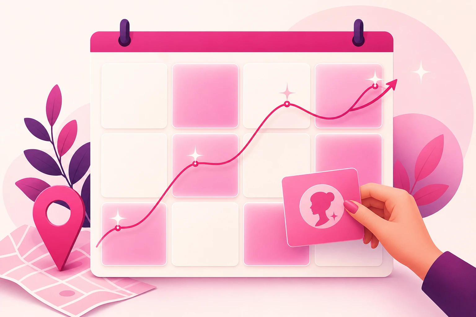 An illustration of a large calendar grid with certain months glowing pink, a rising line chart with sparkle-marked peaks across it, a map pin, and a hand placing a pink appointment card onto the calendar