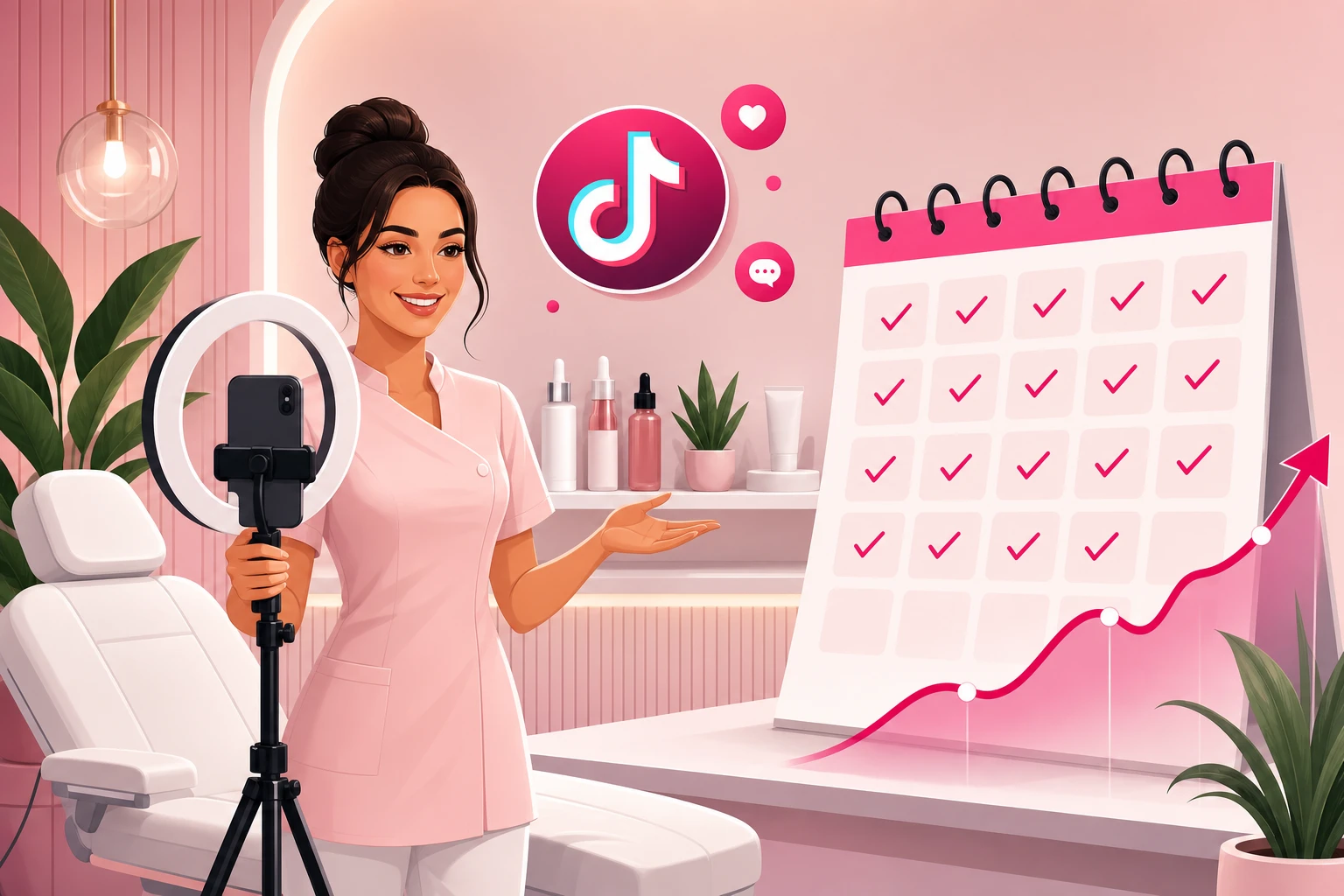 An illustration of a med spa practitioner in a blush-pink tunic filming herself with a smartphone on a ring light in a bright treatment room, beside a large calendar filled with pink checkmarks and a rising trend line