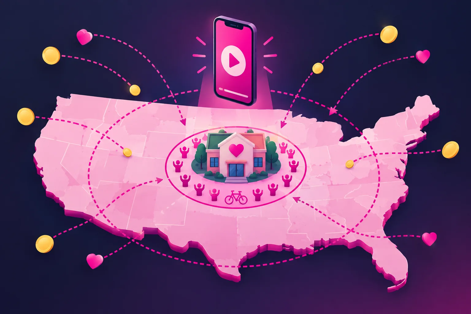 A stylized map of a country seen from above with a community building marked by a heart at the center, a small pink circle drawn tightly around it filled with tiny raised-hand volunteer figures and a bicycle, a much larger dotted circle reaching across the whole map with coins and hearts flying in from far away along curved dotted lines, and a vertical phone with a play button floating above, illustrating a nonprofit's local showing-up map and its borderless giving map
