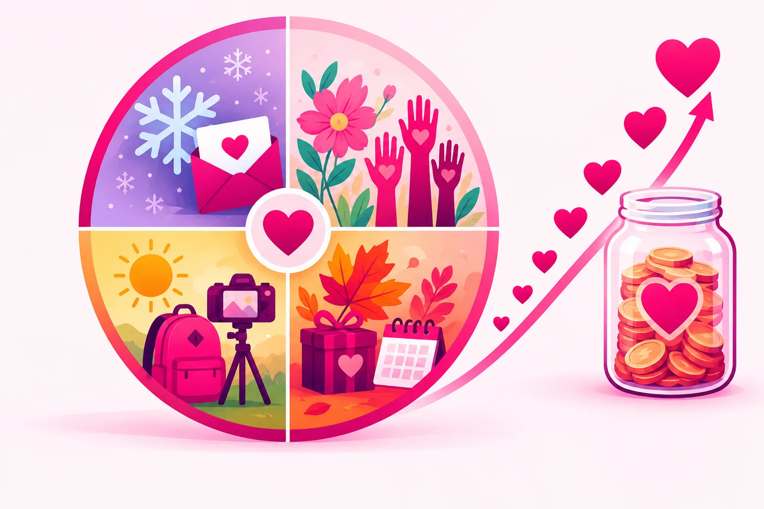 A circular year-wheel divided into four seasonal quadrants showing a snowflake beside a thank-you card in an envelope for winter, a flower beside raised volunteer hands for spring, a sun beside a school backpack and a camera on a tripod for summer, and an autumn leaf beside a gift box and a calendar for fall, with a rising curve of pink hearts climbing toward a glass jar full of coins