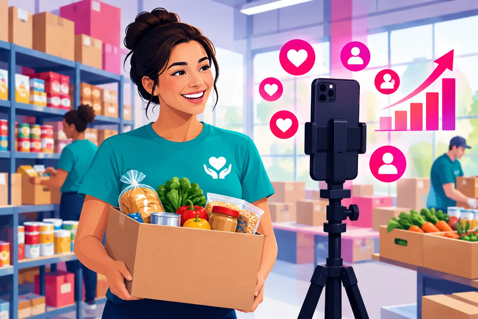 A smiling volunteer coordinator in a teal t-shirt holding a cardboard box of groceries in a bright food pantry warehouse, recording a short vertical video on a smartphone mounted on a tripod, with pink heart and follower icons and a rising chart floating beside the phone while volunteers pack boxes in the background
