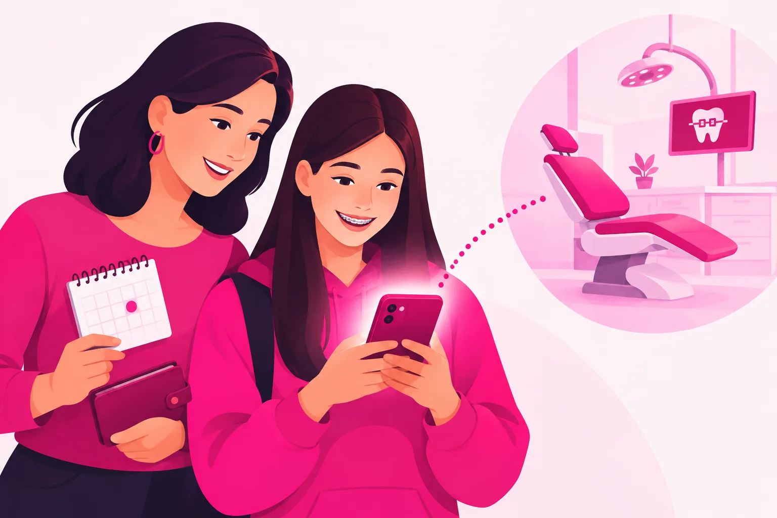 An illustration of a teenager with braces holding a glowing smartphone beside a parent holding a small calendar and a wallet, with a dotted line running from the phone to an orthodontic consult chair in the background