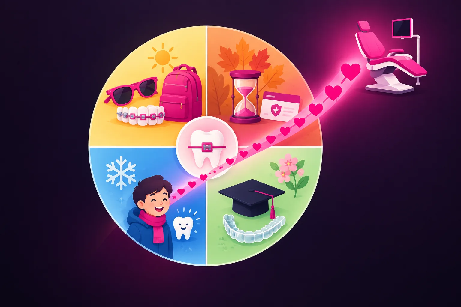 An illustration of a circular year-wheel divided into four seasons showing sunglasses beside braces and a school backpack for summer, an hourglass beside an insurance card for autumn, a snowflake beside a child with a tooth icon for winter, and a graduation cap beside a clear aligner tray for spring, with a rising curve of pink hearts climbing toward an orthodontic chair