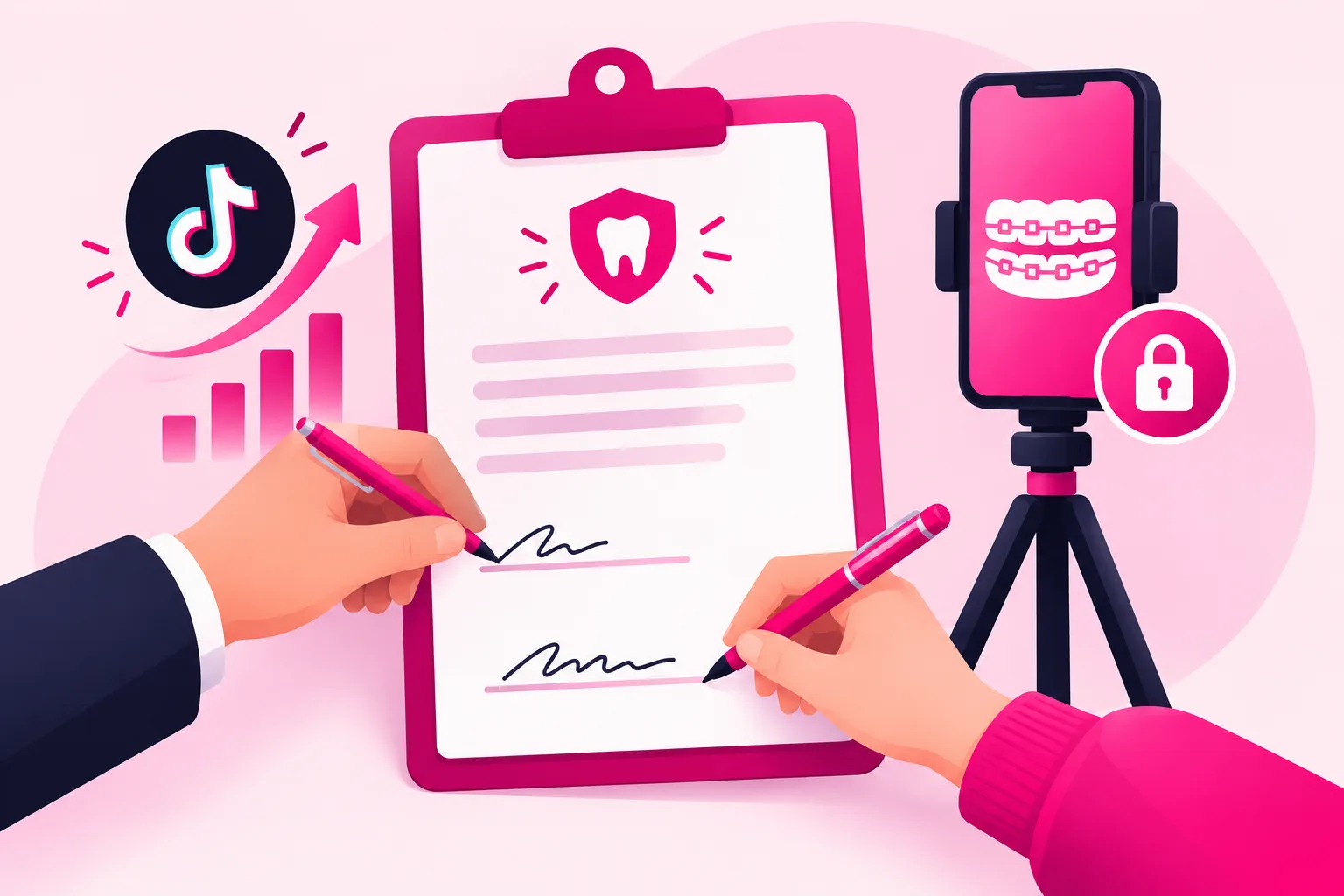 An illustration of a consent form on a clipboard with two signature lines, one being signed by an adult hand and one by a teenager's hand, beside a smartphone on a tripod showing a small braces icon and a padlock badge