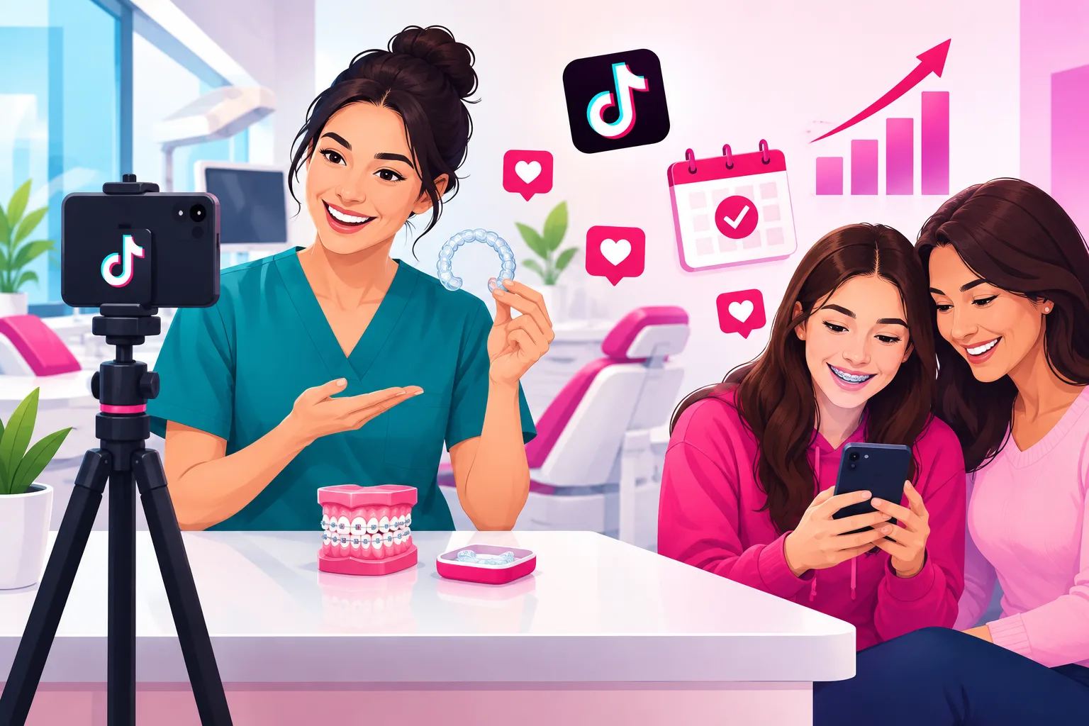 An illustration of a smiling orthodontist in teal scrubs recording a short vertical video on a smartphone mounted on a tripod, holding a clear aligner tray beside a model of teeth with braces, while a teenager with braces and a parent look at a phone together under floating pink hearts, a calendar checkmark, and a rising chart