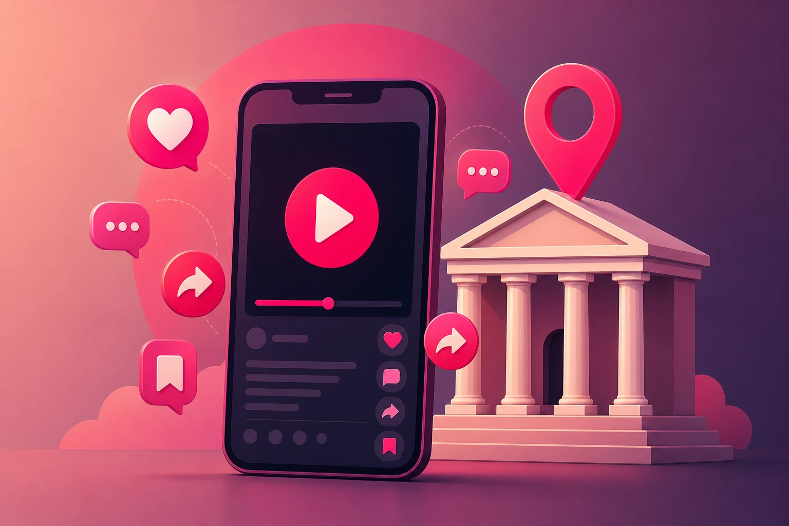An illustration of a large smartphone showing a video play button surrounded by hearts, comment bubbles and save icons, standing in front of a classical courthouse with a pink map pin above it