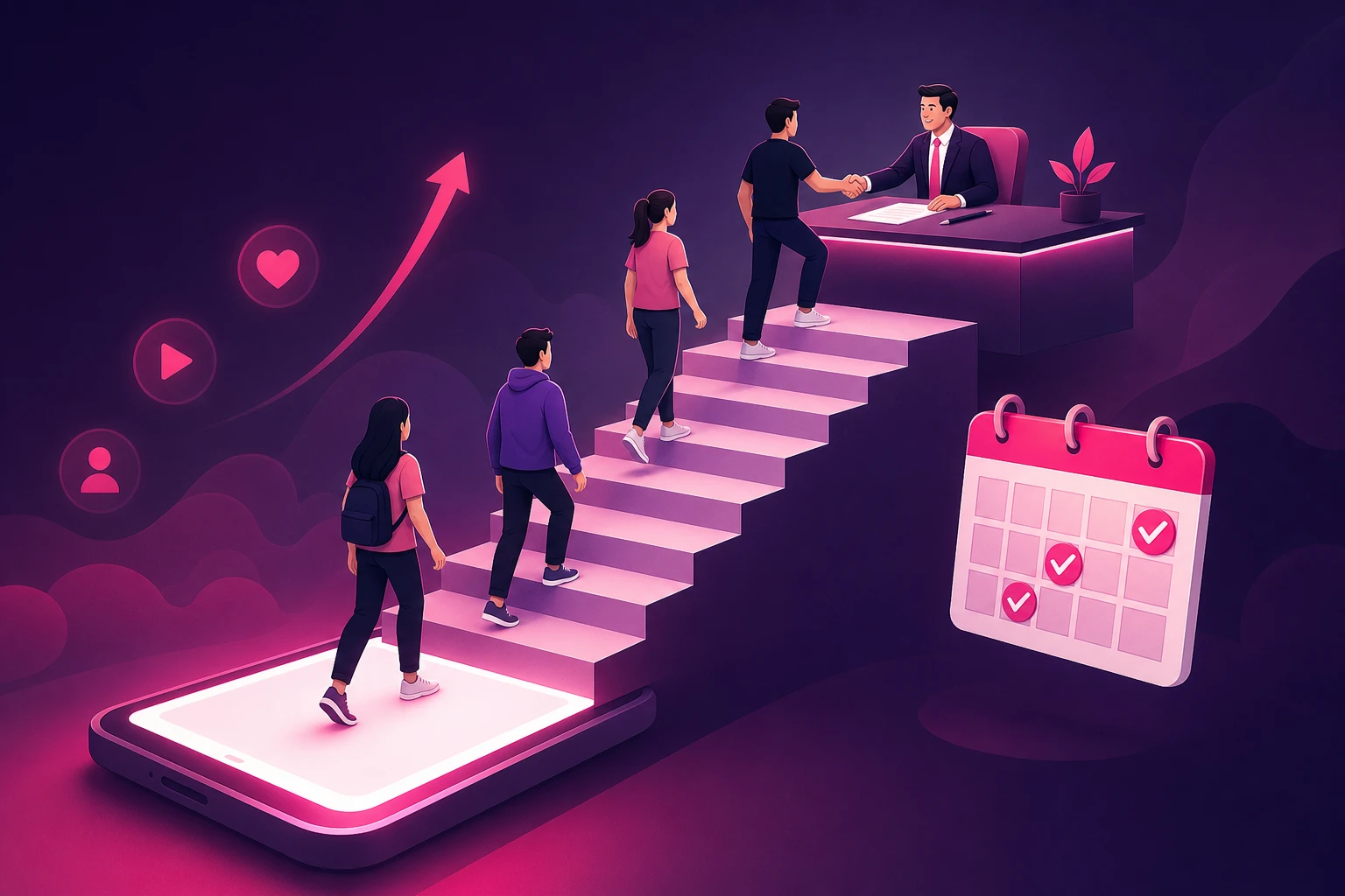 An illustration of people climbing a staircase from a glowing smartphone at the bottom up to a desk where an attorney offers a handshake over a document, with a calendar of pink checkmarks beside the stairs