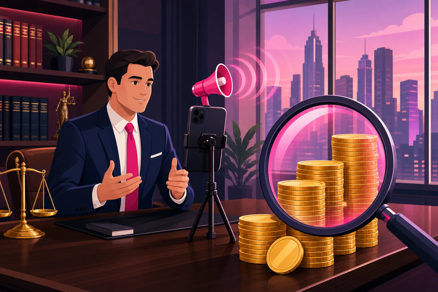 An illustration of an attorney in a navy suit filming a video with a smartphone on a tripod in a law office, beside a giant magnifying glass hovering over tall stacks of gold coins with a city skyline in the window