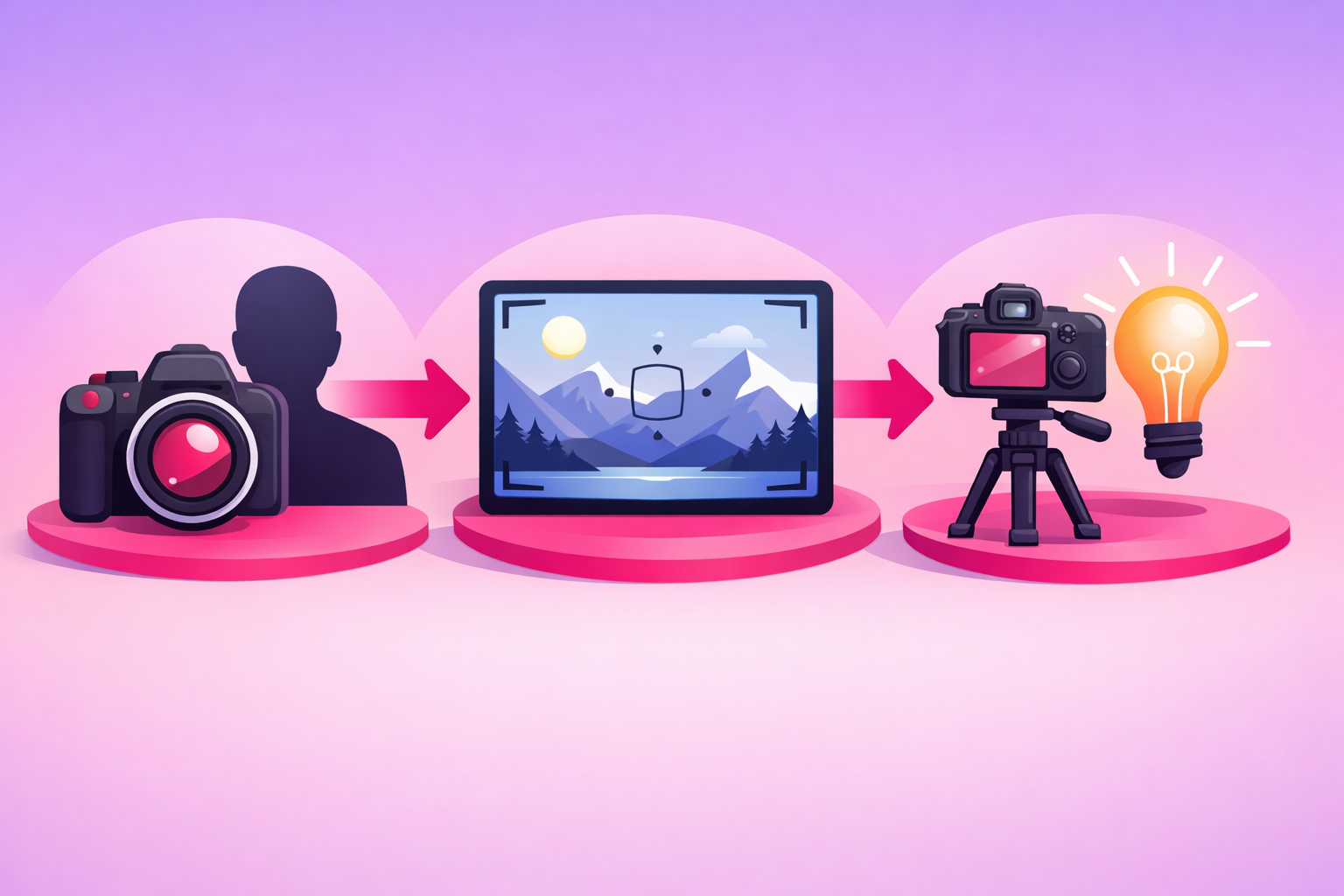 A flat illustration showing three photography creator lanes side by side - a camera with a person silhouette for portrait photographers, a landscape scene inside a screen for landscape photographers, and a camera on a tripod with a lightbulb for photography educators - connected by pink arrows on a soft pink and purple gradient background