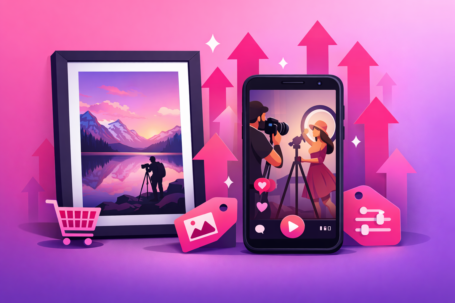 A framed landscape photography print beside a vertical smartphone showing a viral behind-the-scenes photo shoot video, surrounded by upward growth arrows, a shopping cart, and price-tag icons signaling print and preset sales momentum, on a soft pink and purple gradient background