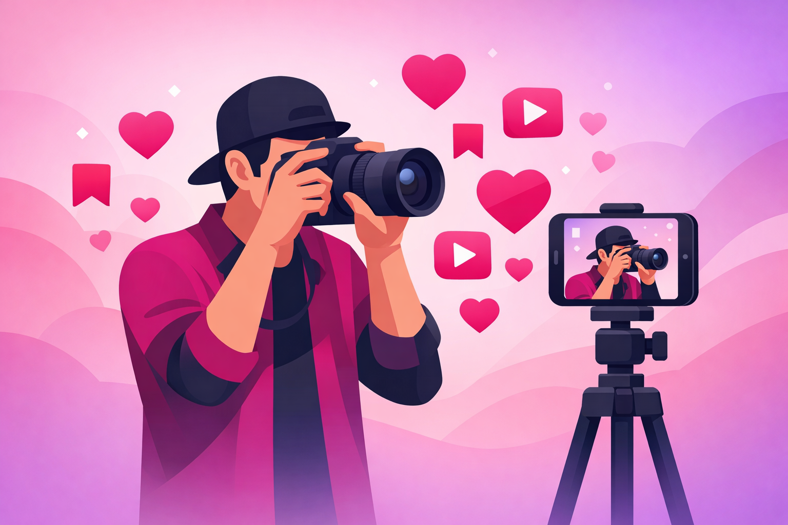A photographer shooting with a professional camera while a smartphone on a tripod films the process, surrounded by floating heart, play, and bookmark engagement icons on a soft pink and purple gradient background