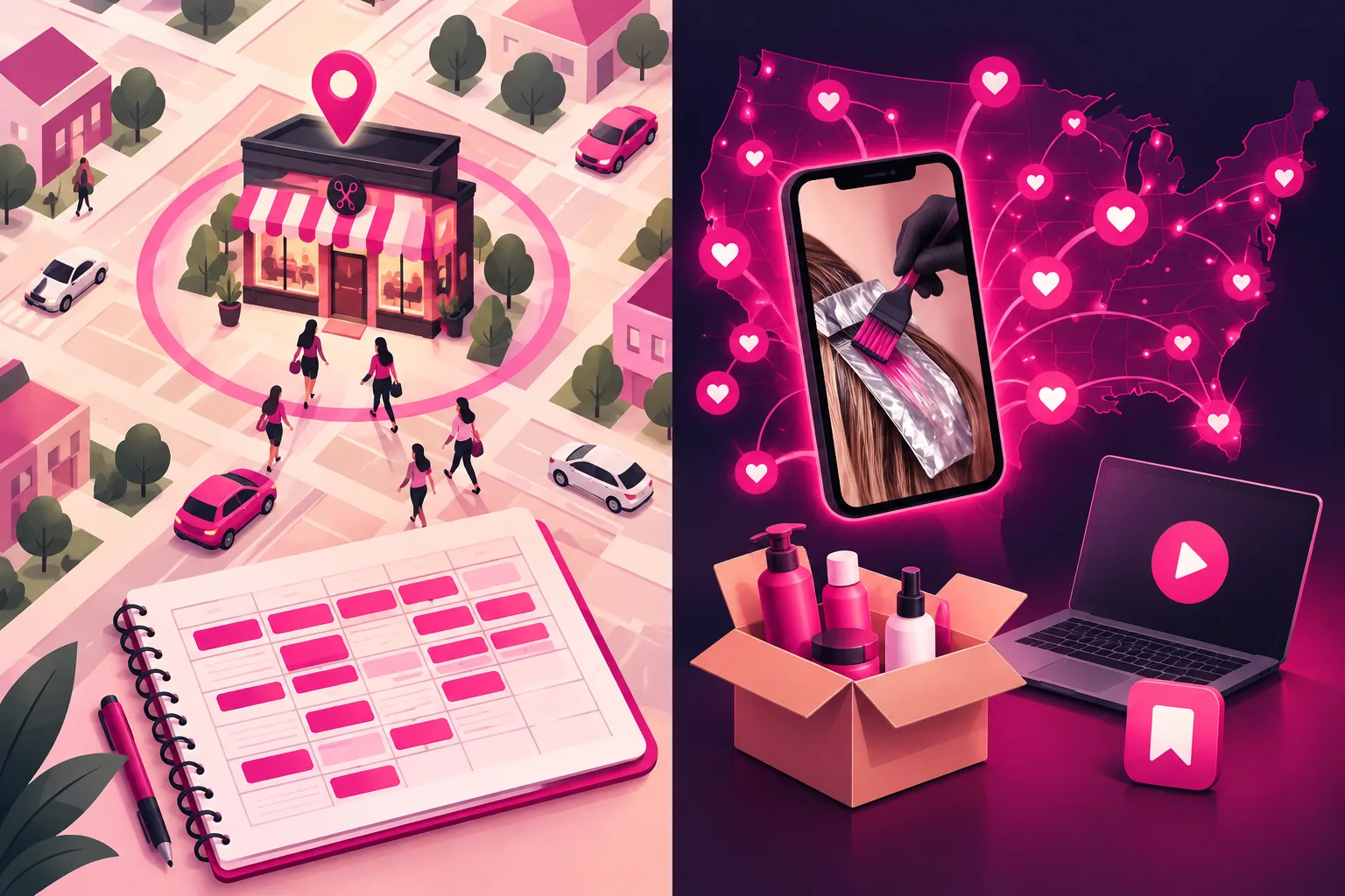 A split illustration: on the left, a small salon storefront with a striped awning sits at the center of a town street map with a soft pink circle drawn around it, tiny cars and walking figures heading toward its door, and a paper appointment book with most blocks filled in pink; on the right, a smartphone showing foils being painted into hair radiates pink heart icons across a glowing network of dots over a dark stylized map of the United States, with a small open shipping box of hair-care bottles and a laptop with a play symbol beside the phone