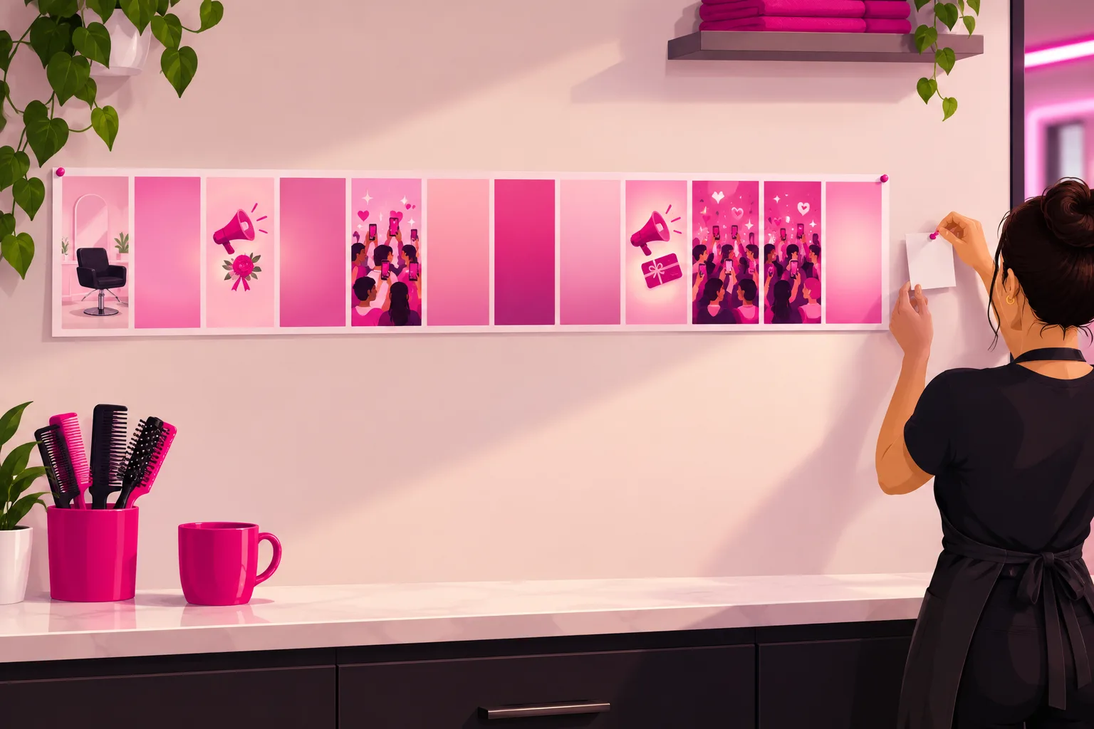 A long horizontal year calendar strip pinned to a salon break-room wall above a row of combs and a mug, with twelve plain blocks: the tenth glows soft pink under a megaphone and a gift-card icon before two crowded blocks packed with tiny figures and sparkles, the first block is calm with a single empty salon chair, and the third glows pink under a megaphone and a small corsage before a crowded fifth block, while a stylist in a black apron pins a blank index card to the wall beside the strip