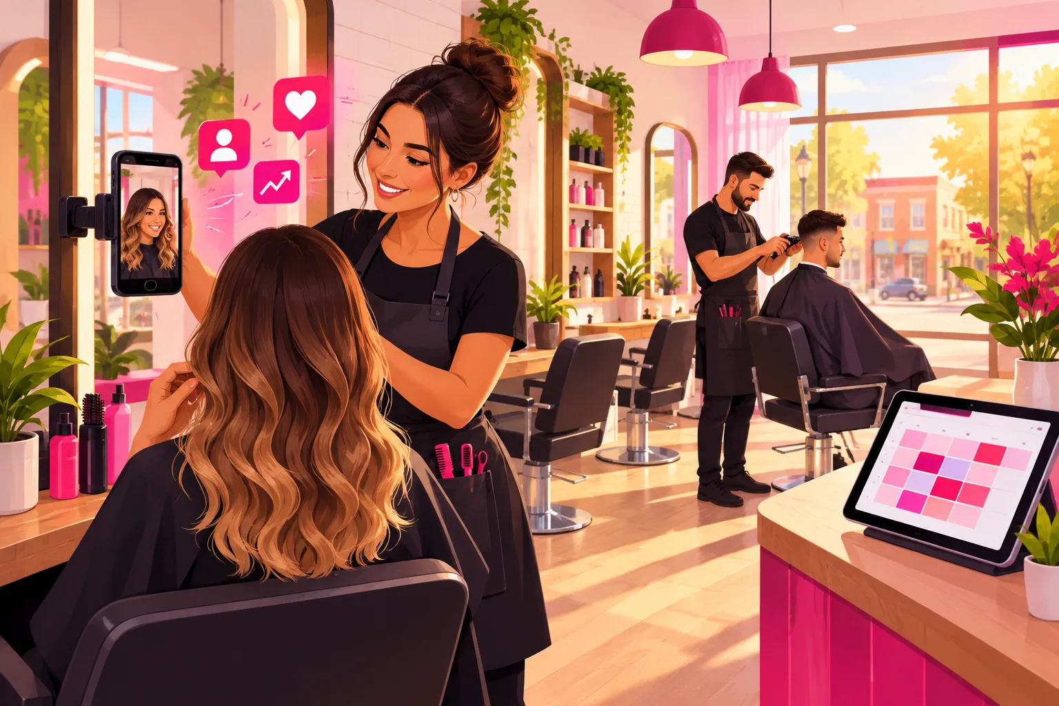 A smiling stylist in a black apron records a short vertical video on a smartphone clamped to her station mirror, capturing a delighted client admiring her freshly finished caramel balayage, with pink heart, follower and rising-chart icons floating beside the phone, while a barber finishes a fade in the back chair and a tablet at the front desk shows a filled appointment calendar, in a bright four-chair salon with a big storefront window