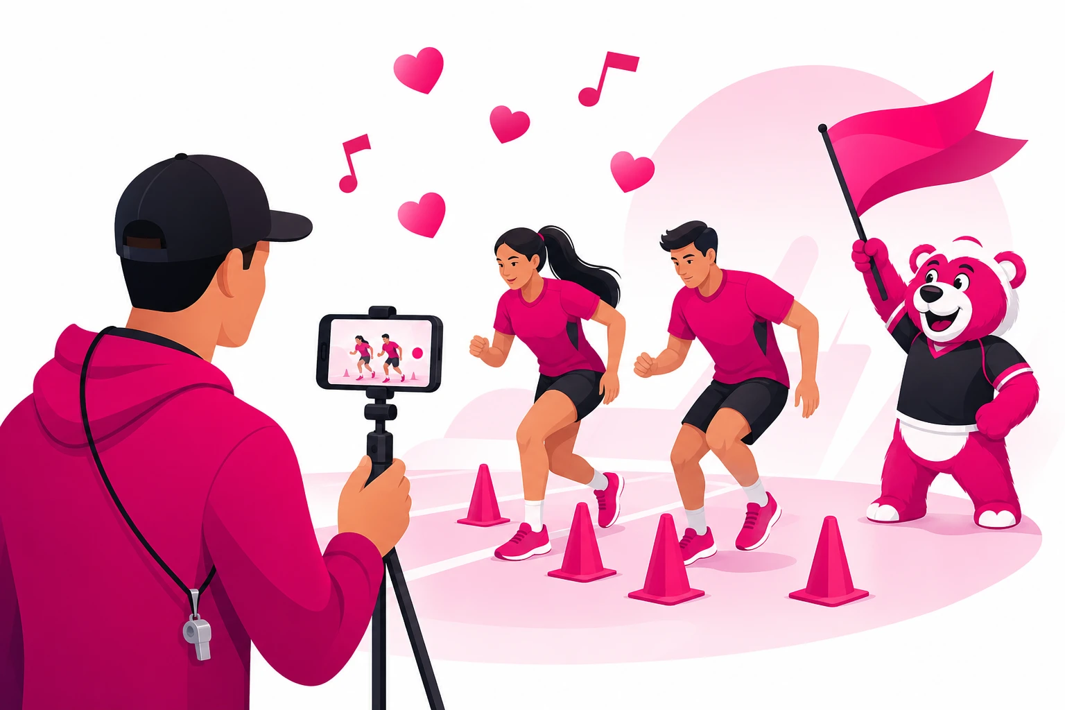 A coach with a whistle filming two players running a cone drill with a smartphone on a small tripod while the team mascot waves a pennant flag