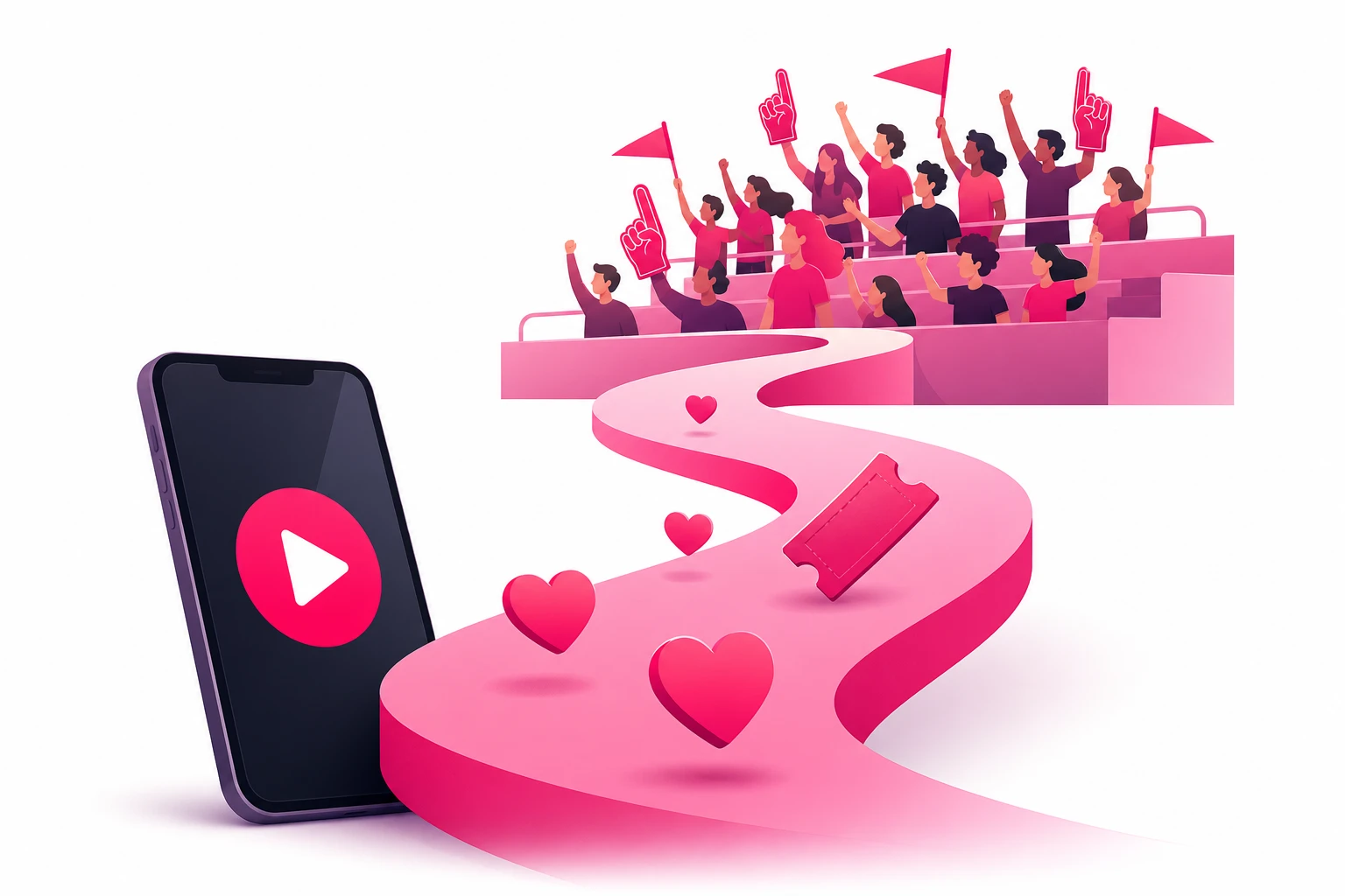 A winding path leading from a smartphone showing a video play button up into stadium bleachers filled with cheering fans holding foam fingers and pennant flags, with hearts and a ticket along the path