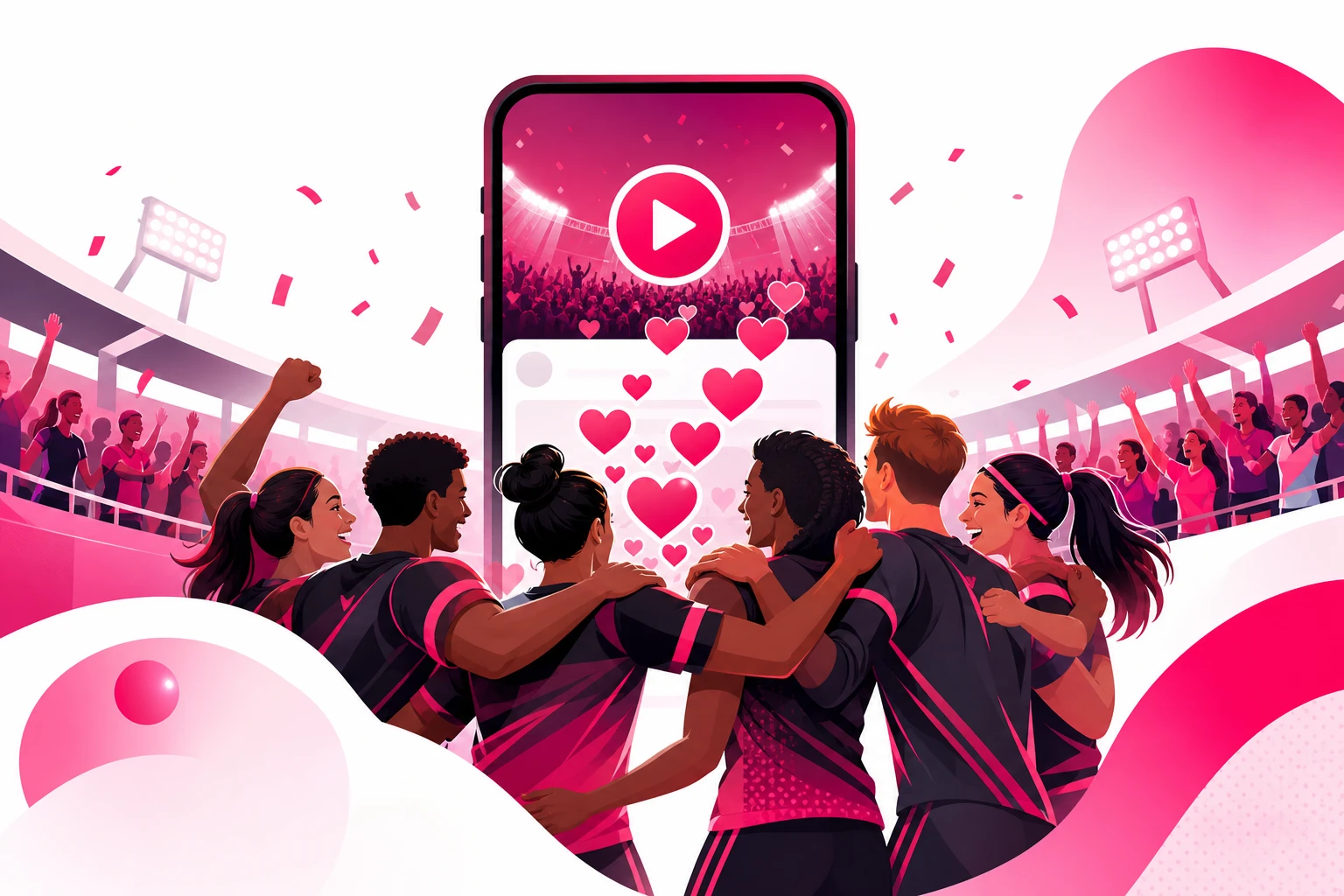 A sports team in matching jerseys celebrating in a group huddle inside a stadium while a giant smartphone screen shows a video play button with hearts rising toward cheering fans