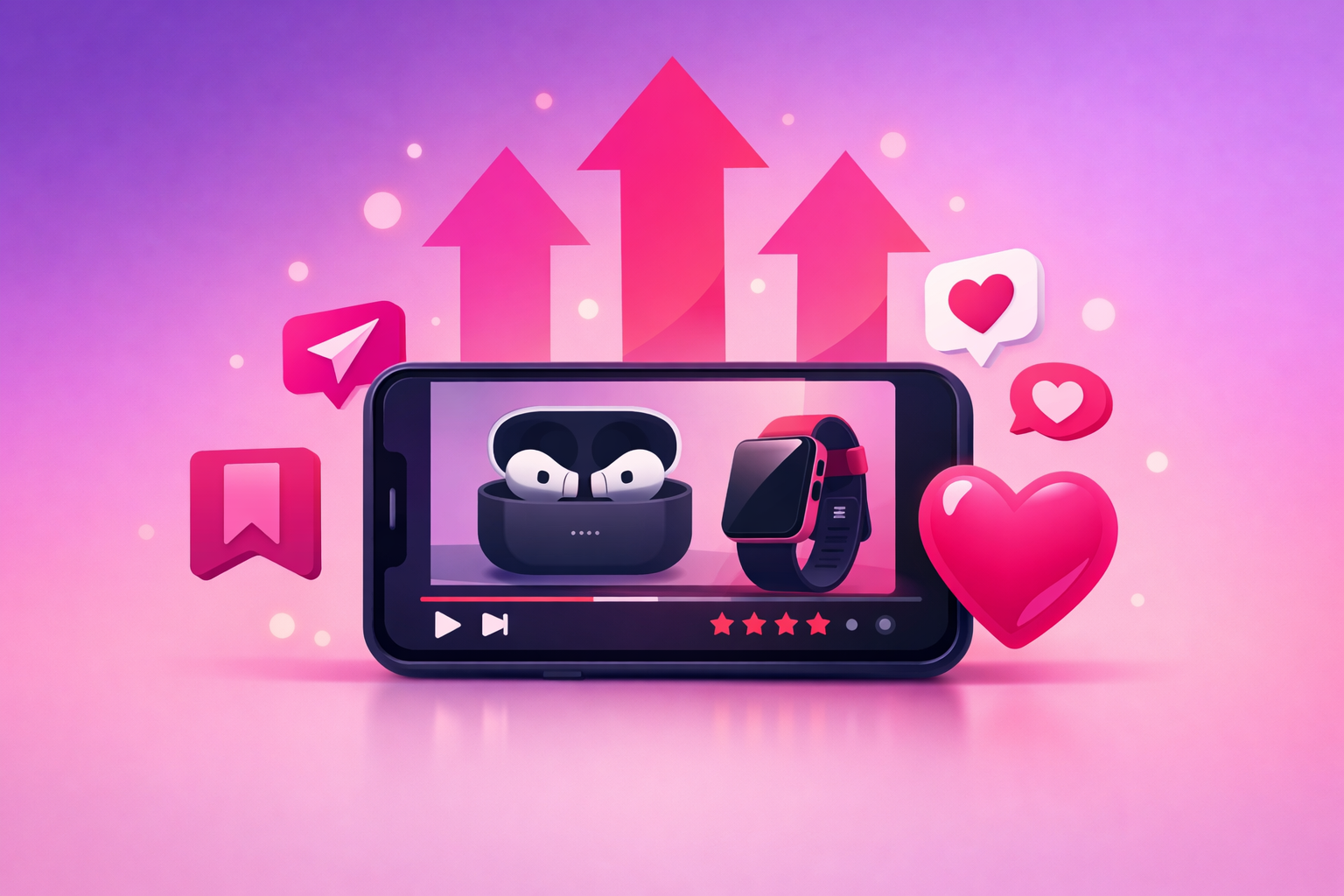 A clean editorial illustration of a tech review video clip on a smartphone with engagement icons and growth arrows pointing upward, signaling viral momentum on a soft pink and purple gradient background