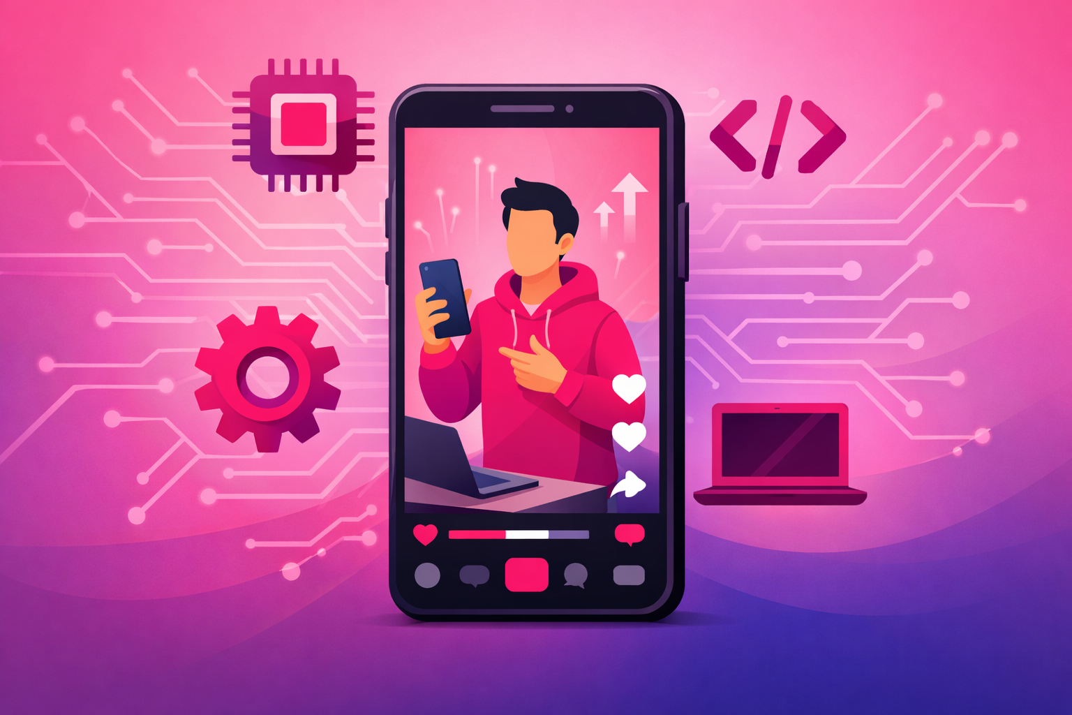 A clean editorial illustration of a tech creator on a smartphone screen surrounded by circuit board patterns and floating tech icons, on a soft pink and purple gradient background