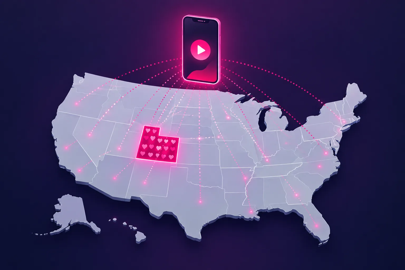 A stylized map of the United States with one state glowing pink and the rest soft gray, a vertical phone screen with a play button floating above it with faint dotted lines fanning out across the whole country but only the highlighted state filled with small pink hearts, illustrating that a therapist's audience is bounded by the state where they are licensed