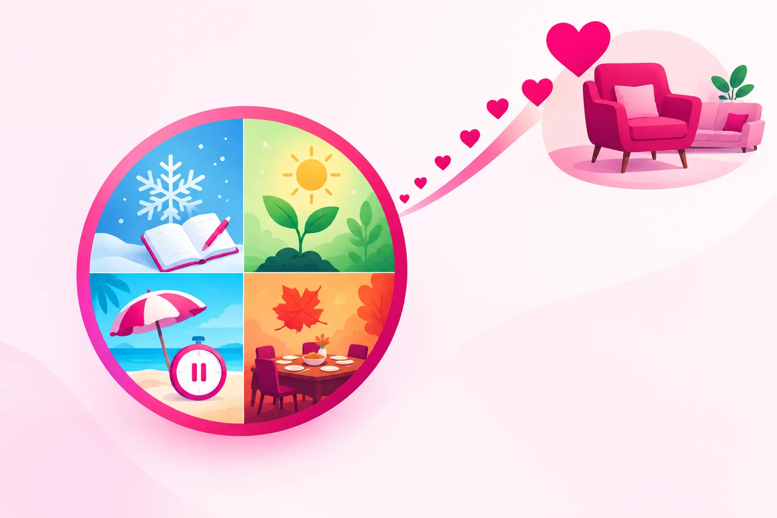 A circular year-wheel divided into four seasonal quadrants showing a snowflake and an open notebook for winter, a green sprout and a sun for spring, a beach umbrella and a paused clock for summer, and a falling leaf beside a family dinner table for autumn, with a rising curve of pink hearts climbing toward a cozy armchair and small couch with a potted plant