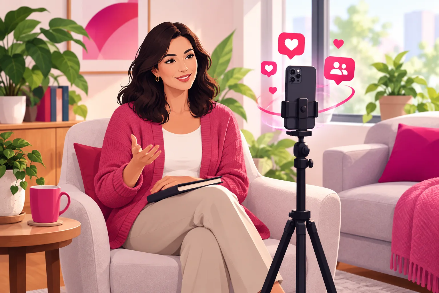 A therapist in a cardigan seated in an armchair in a warm, plant-filled counseling office, recording a short vertical video on a smartphone mounted on a tripod, with a notebook on her lap and pink heart and follower icons floating beside the phone