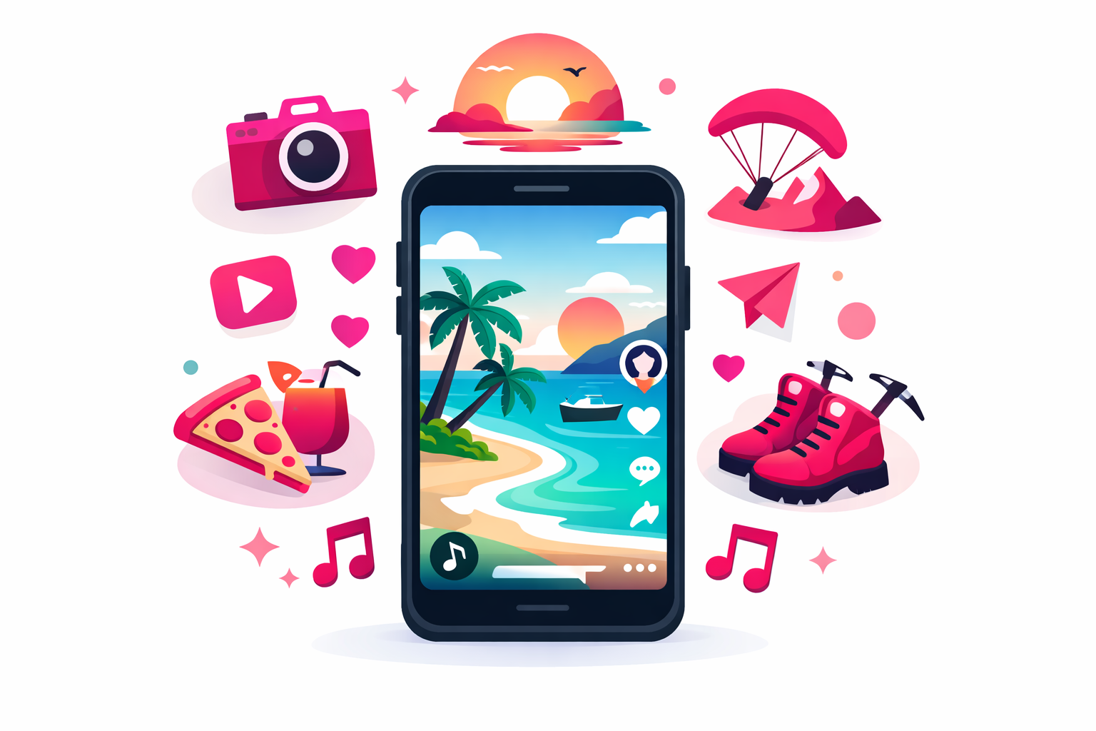A smartphone showing a TikTok travel video of a tropical beach surrounded by content type icons including camera, sunset, food, and adventure symbols