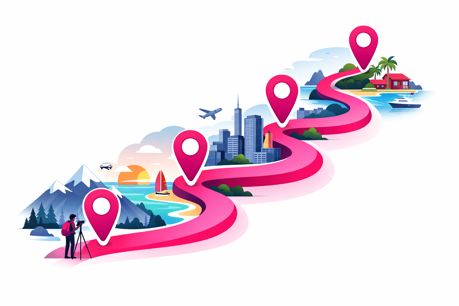 A travel creator's growth journey illustrated as a winding path through mountains, beaches, and cities with milestone markers showing increasing follower counts