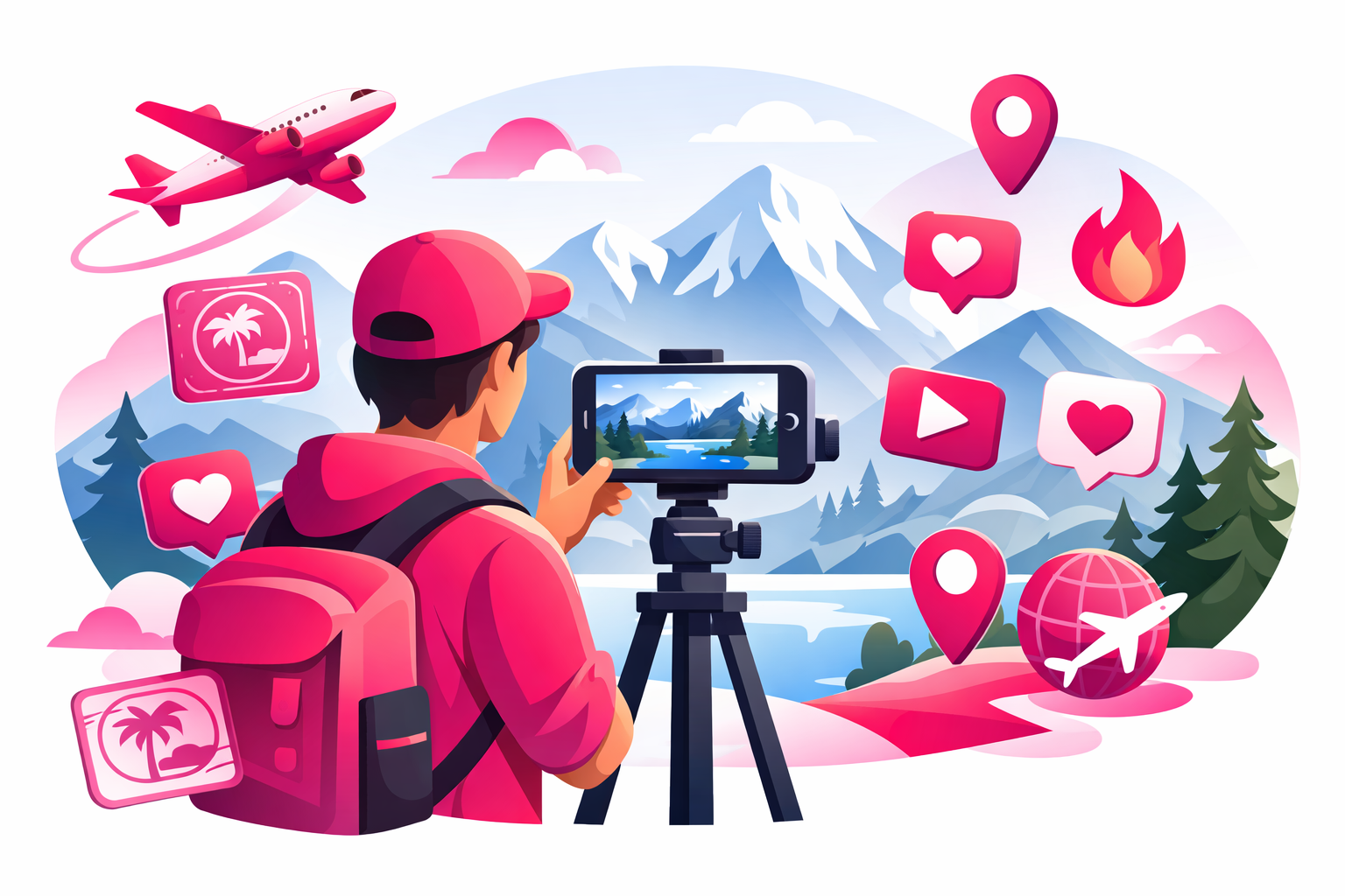 A travel creator filming a mountain landscape with a smartphone on a tripod surrounded by TikTok engagement metrics and travel icons