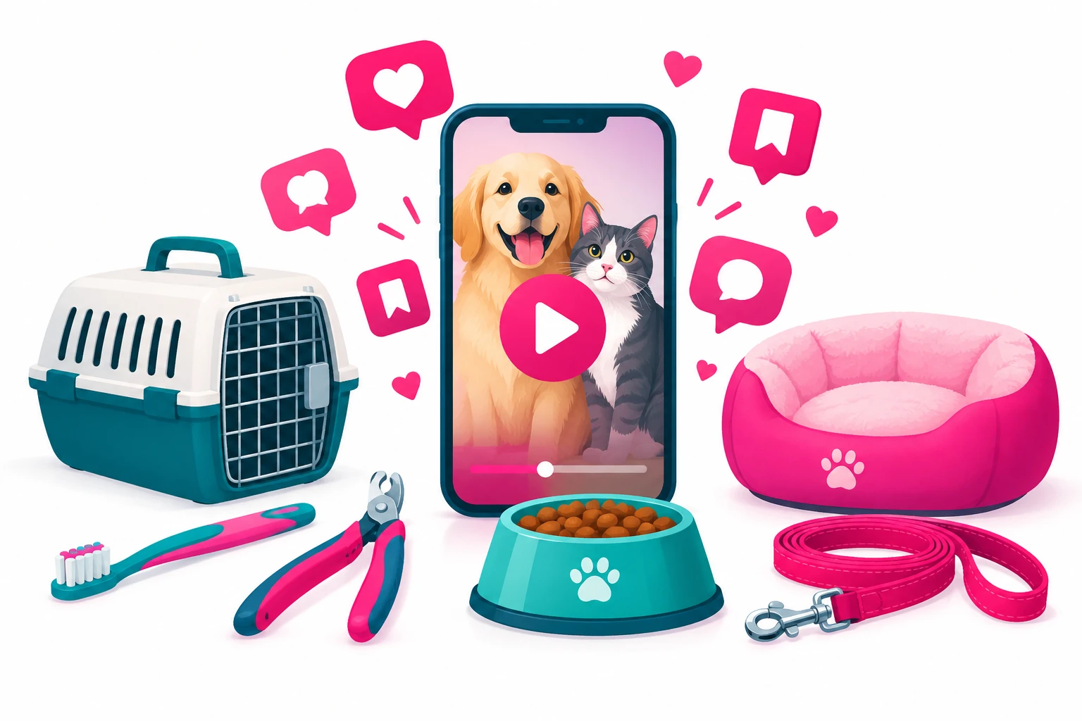 An illustration of a smartphone showing a video play button surrounded by hearts, comment bubbles and bookmark icons, arranged among everyday pet-care objects including a pet toothbrush, nail clippers, a cat carrier, a leash, a food bowl and a pet bed