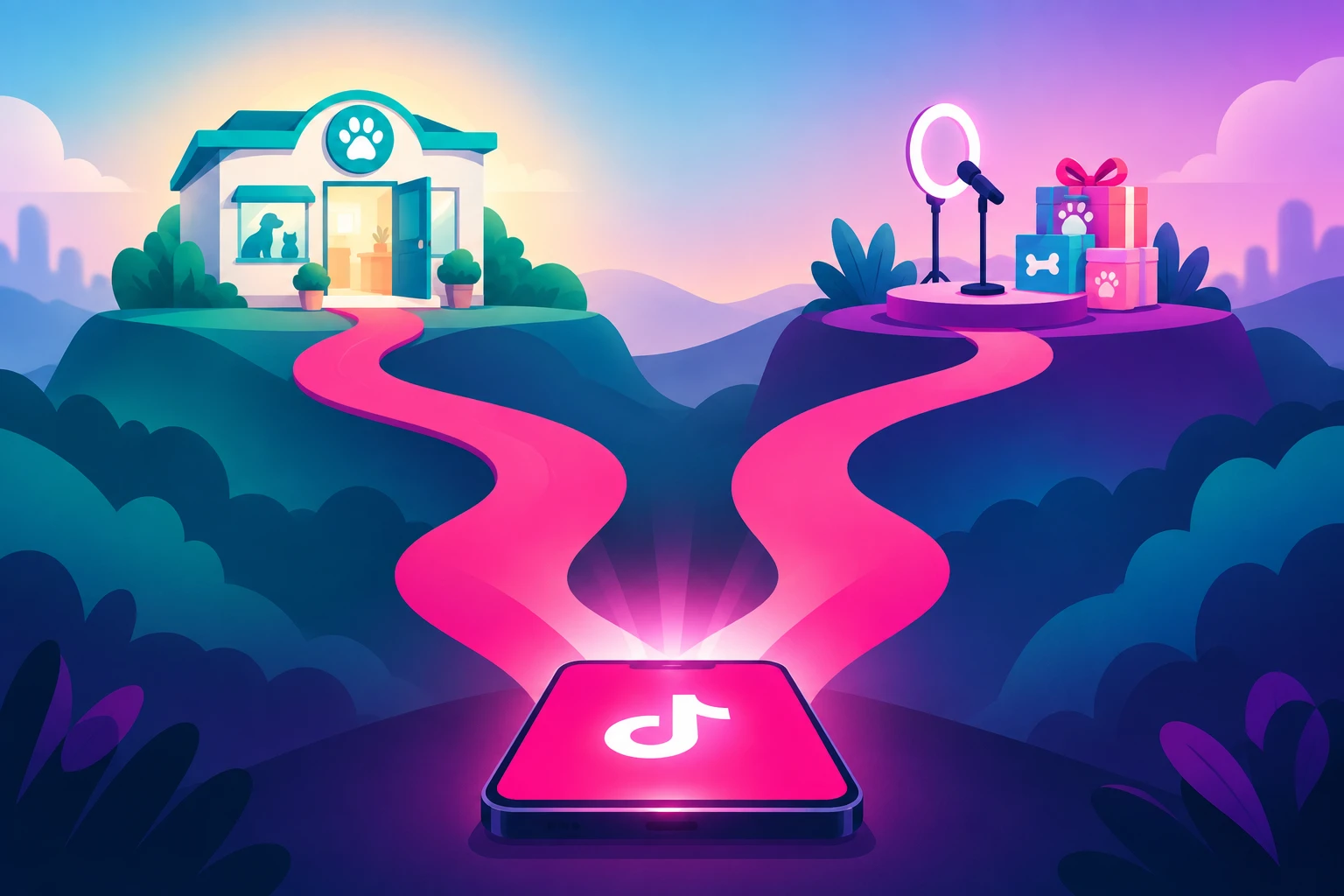 An illustration of two winding pink paths rising from a glowing smartphone, one leading to a small veterinary clinic building with a paw-print sign above an open door and the other leading to a small stage with a microphone and a stack of pet-product gift boxes