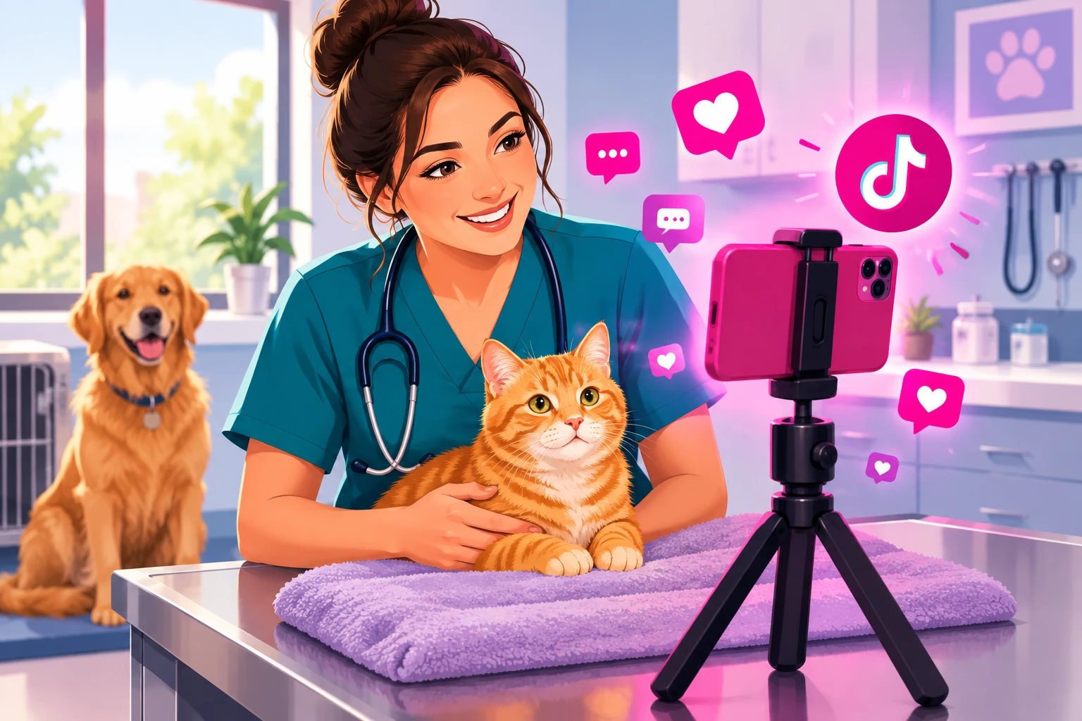 An illustration of a veterinary technician in teal scrubs filming herself with a smartphone on a tripod in a bright clinic treatment room while gently holding a calm orange tabby cat on a towel, with a golden retriever sitting by the window behind her