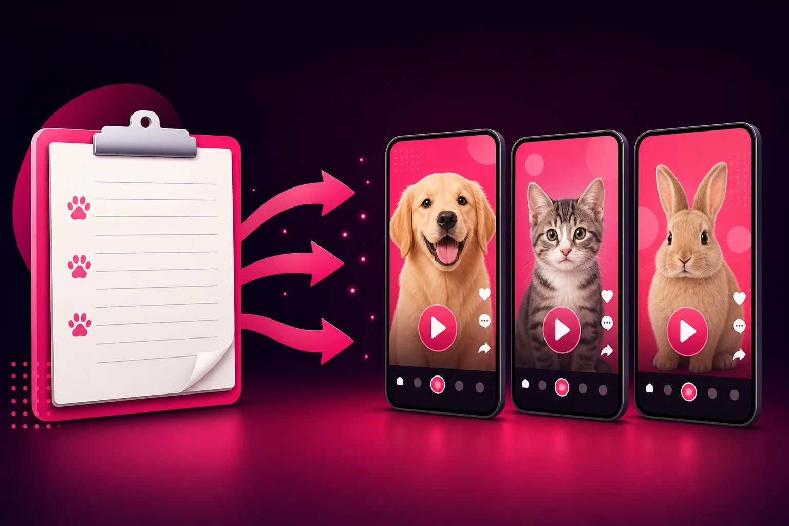 A clipboard with paw-print doodles and ruled lines, with pink arrows flowing into three vertical phone screens showing video play buttons over a dog, a cat, and a rabbit, illustrating how an exam-room question log becomes a week of TikTok videos