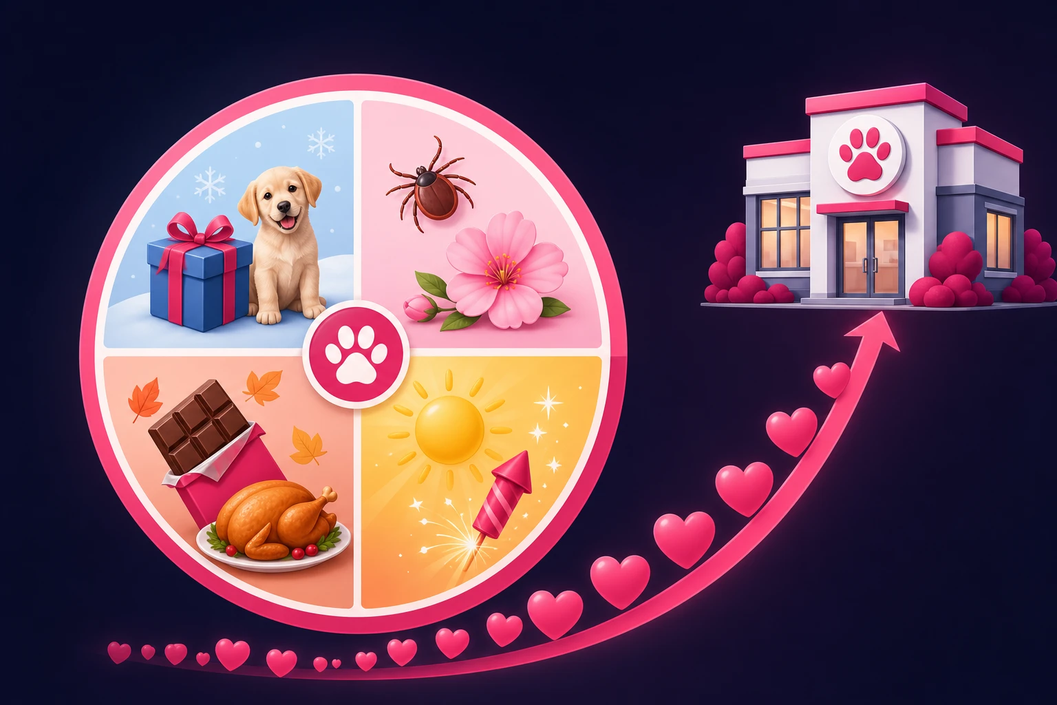 A circular year-wheel divided into four seasonal quadrants showing a gift box and puppy for winter, a tick and blossom for spring, a sun and firework for summer, and chocolate and a roast turkey for autumn, with a rising curve of pink hearts climbing toward a small veterinary clinic with a paw-print sign