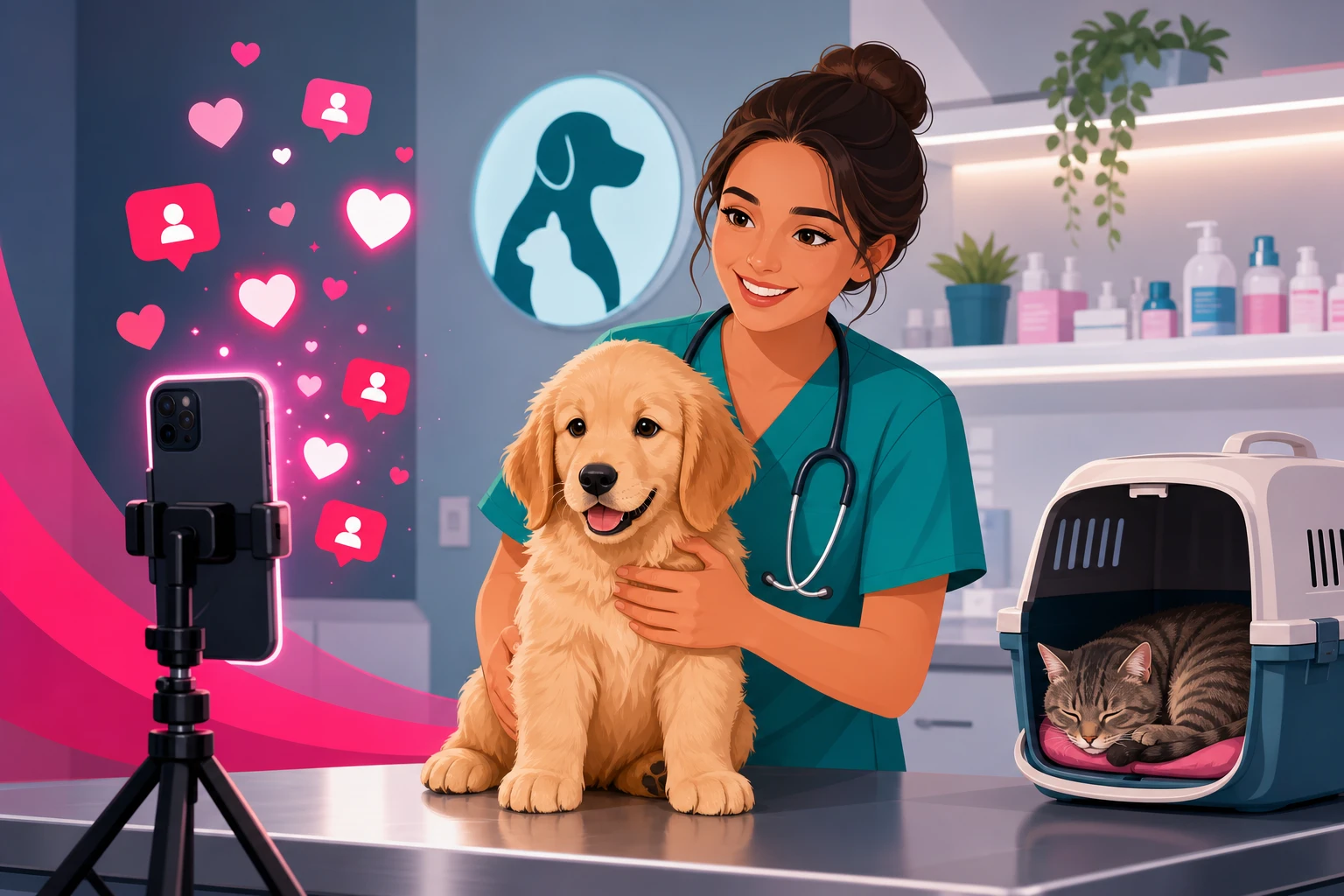 A veterinarian in teal scrubs with a stethoscope recording a short vertical video on a smartphone mounted on a tripod in a bright exam room, holding a golden retriever puppy on the exam table while a tabby cat sleeps in a carrier nearby, with pink heart and follower icons floating beside the phone