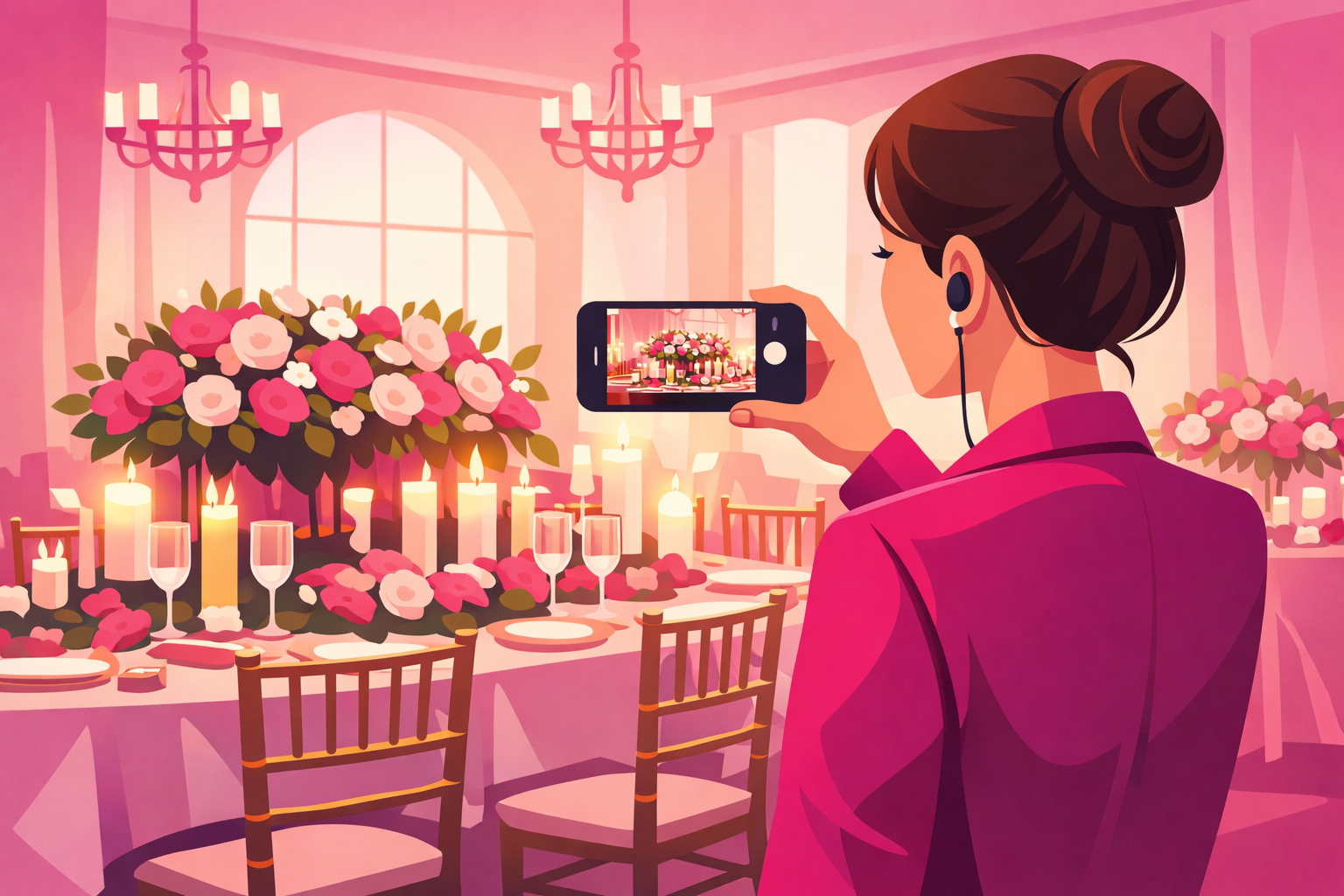 An illustration of a wedding planner filming a smartphone video of an elegant candlelit reception table with lush pink and white floral centerpieces, gold chairs, and chandeliers in a sunlit wedding venue
